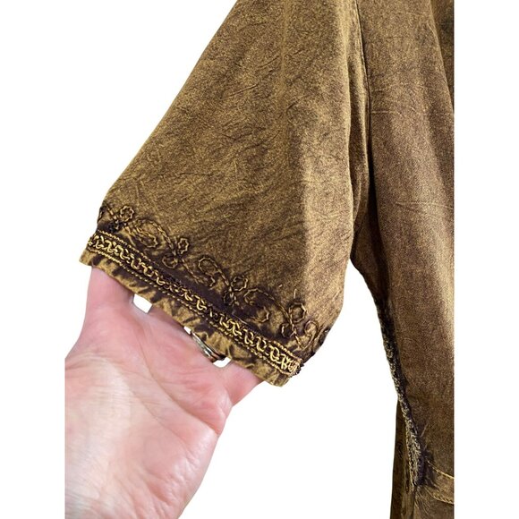 Bila Womens Brown Boho Embroidered Midi Dress L 100% Rayon Short Sleeve Tie Back - Picture 3 of 8